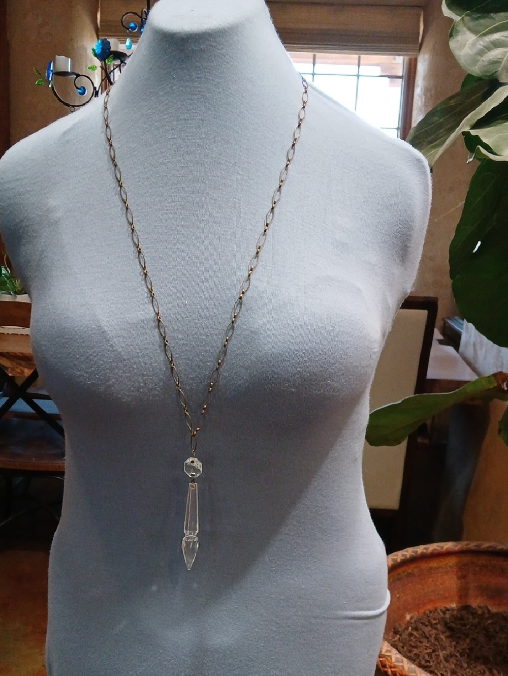 Crystal Pendant Long Necklace - Gold Chain with Clear Crystal